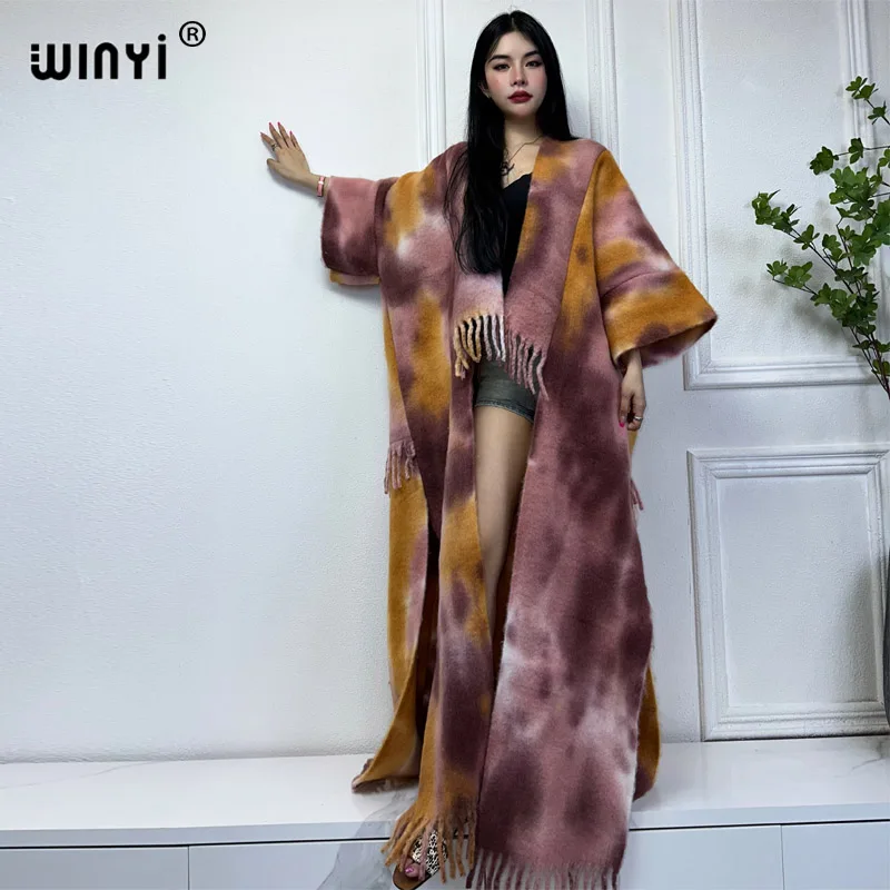 WINYI bWinter Women Africa Tie-dye print Fringed lapel coat fashion cardigan elegant Warm Female coat poncho winter party dress