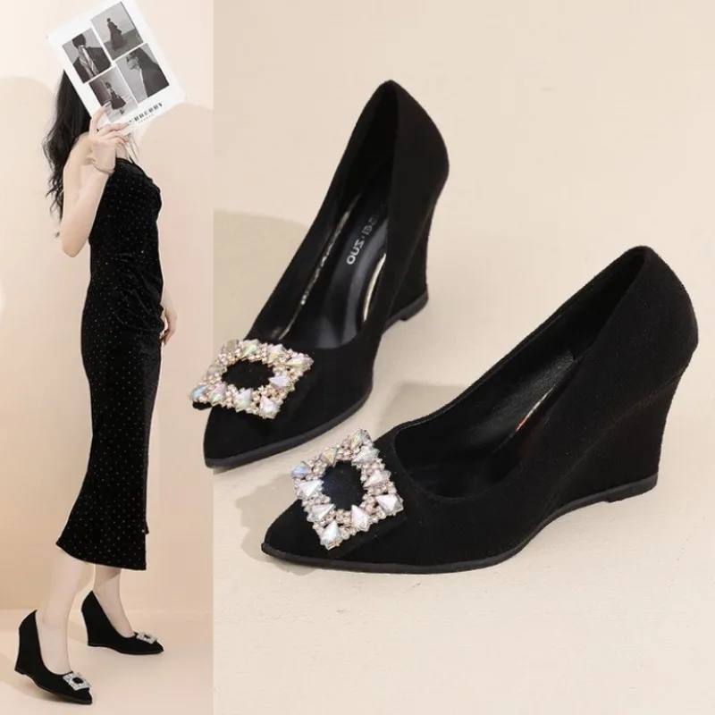 Slope Heel Fashion Shoes Women Spring New Water Diamond Pointed Shallow Mouth Soft Sexy High Heels Women Black Retro Footwear 43