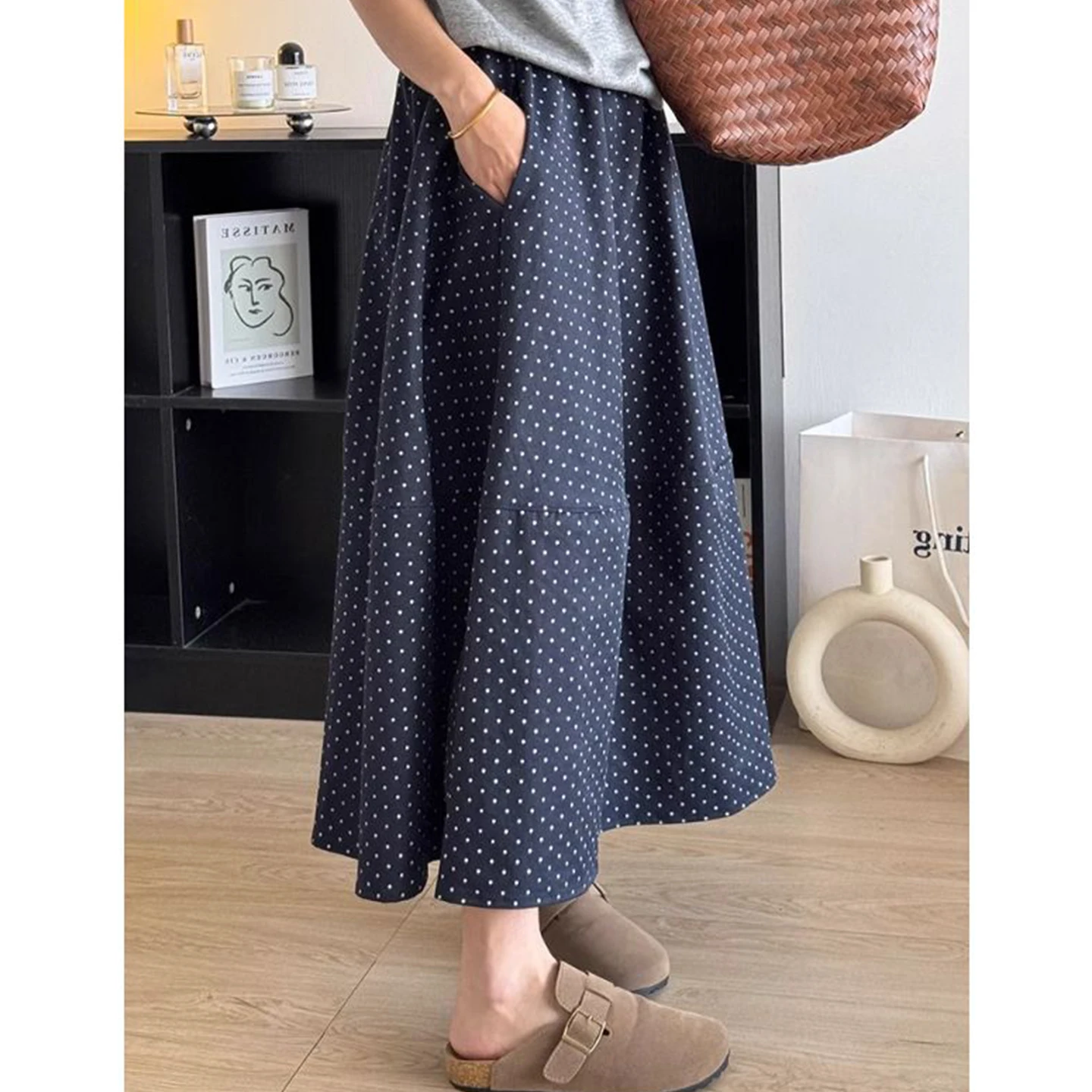 Summer New plus Size Women's Polka Dot A-Line Skirt High Waist Loose Fit Polyester Fabric Skin-Friendly Breathable