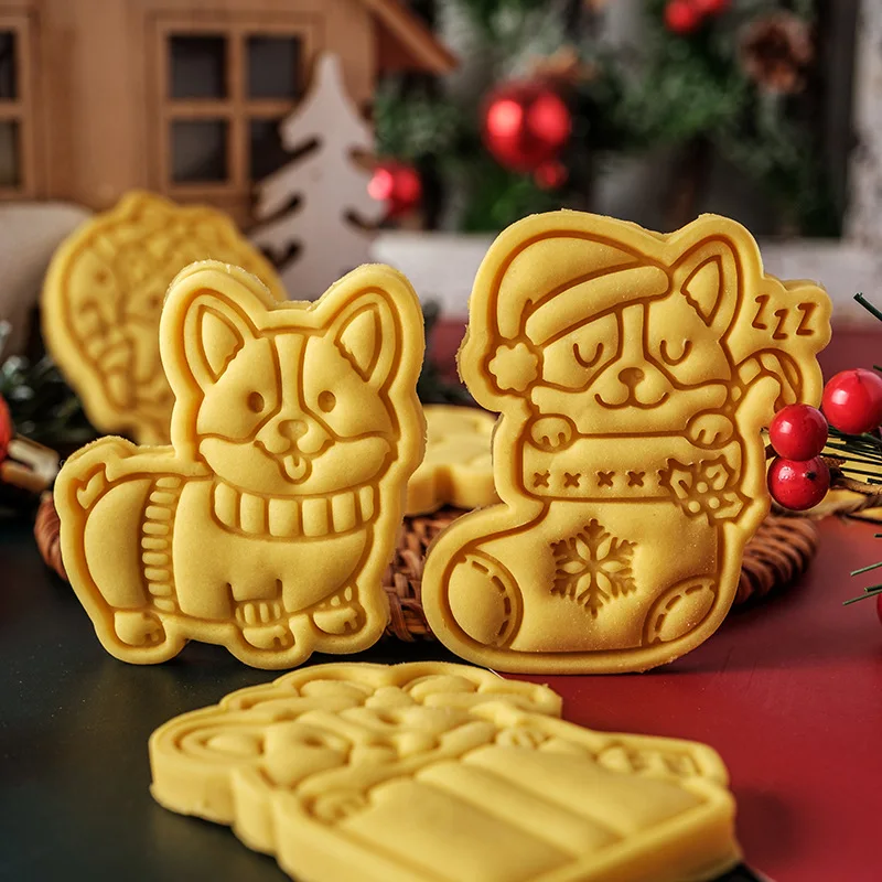 Christmas Dog Shaped Cookie Mold Cartoon Corgi Holiday Fondant Cake Decoration Cutting Mold DIY Baking Tools White Cookie Cutter