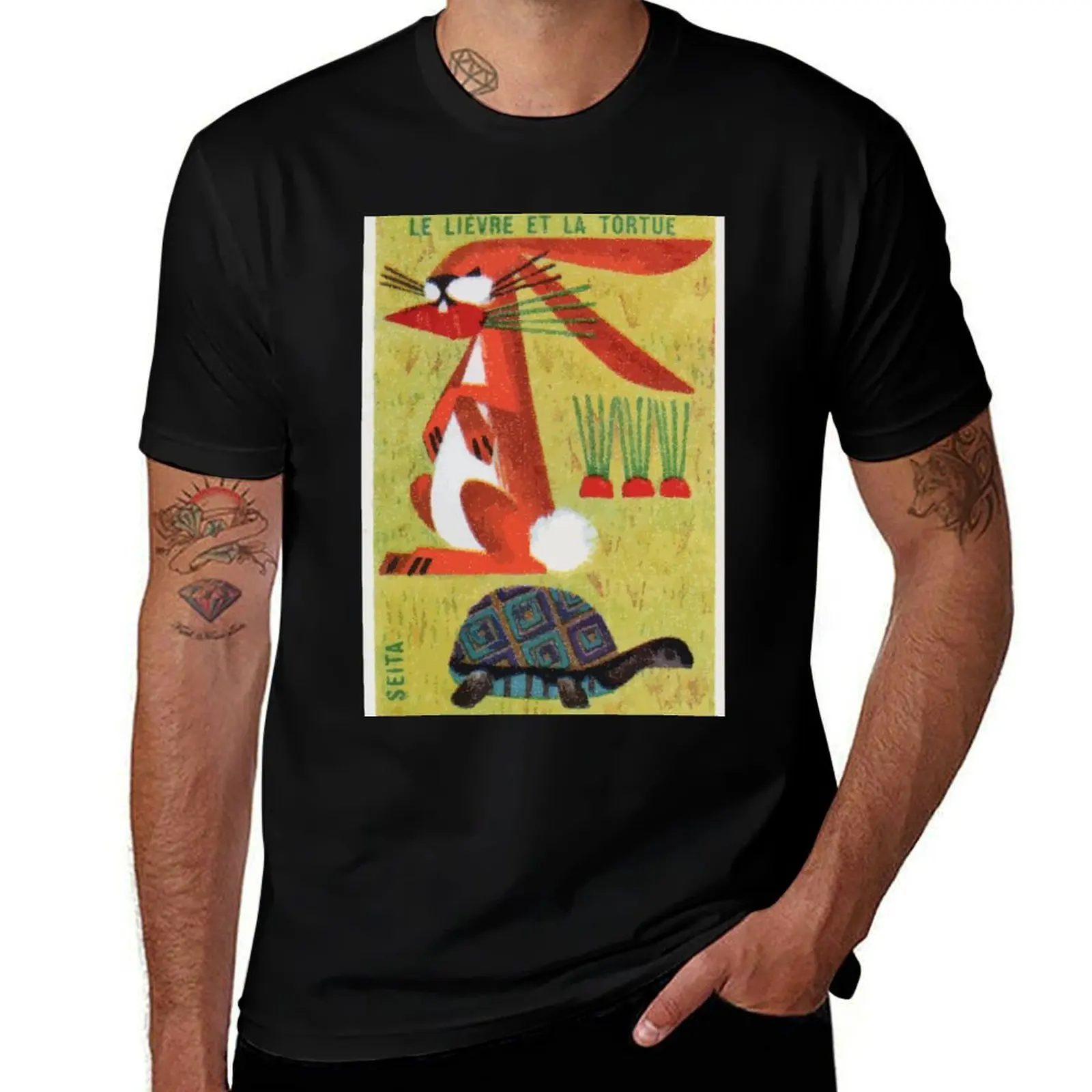 

French The Tortoise and Hare Matchbox Label T-Shirt printed t shirts for man man t shirts graphic T-Shirt