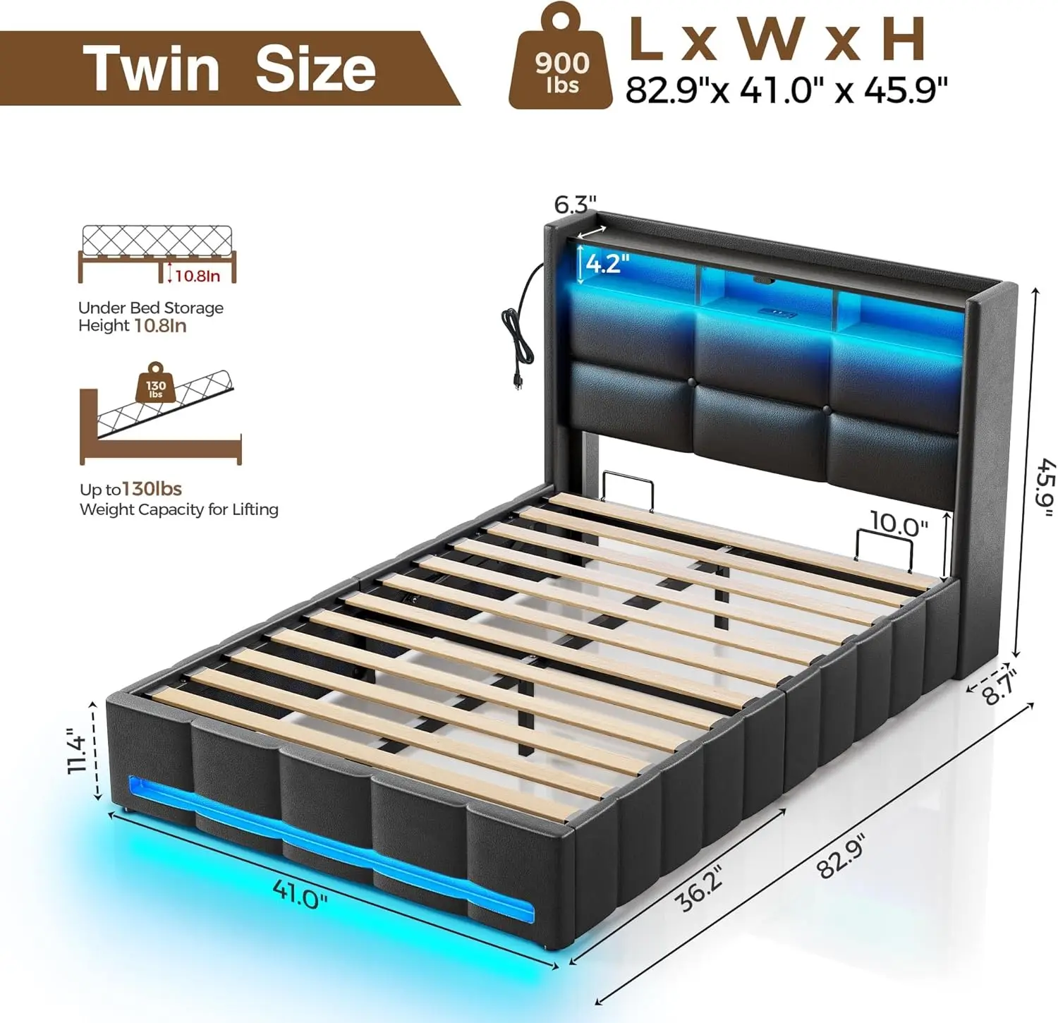 Bed Frame Twin Size with Lift Up Storage, Charging Station & LED Lights, Upholstered Storage Headboard,  Black