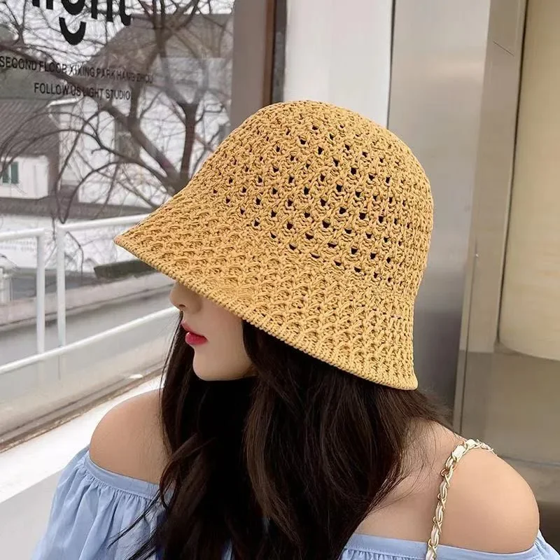 2023 New Solid Handmade Crochet Floppy Top Summer Hats for Women Hollow Out Knit Dome Bucket Hat Wide Brim Foldable Beach Caps