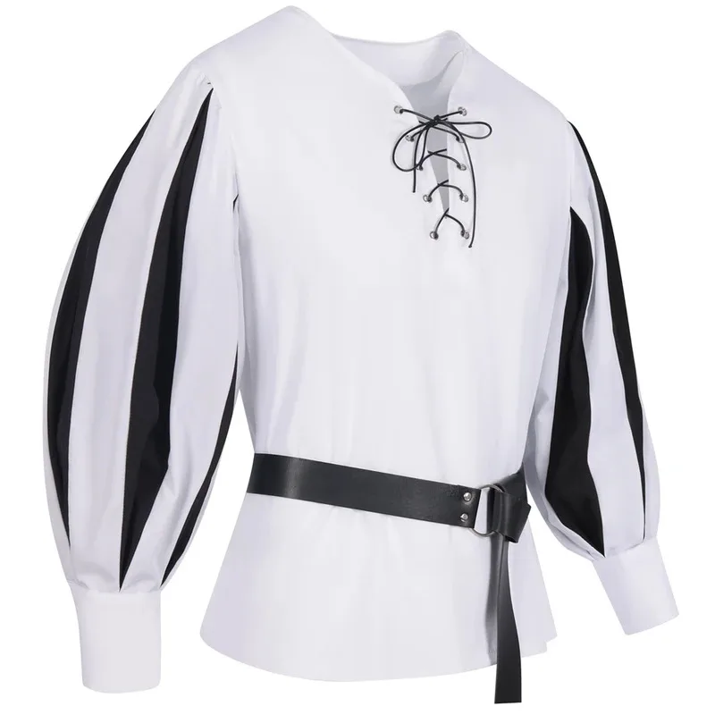 qq34Medieval Prince Shirt for Men Vintage Pirate Shirts Striped Sleeve Cosplay Costume Tops