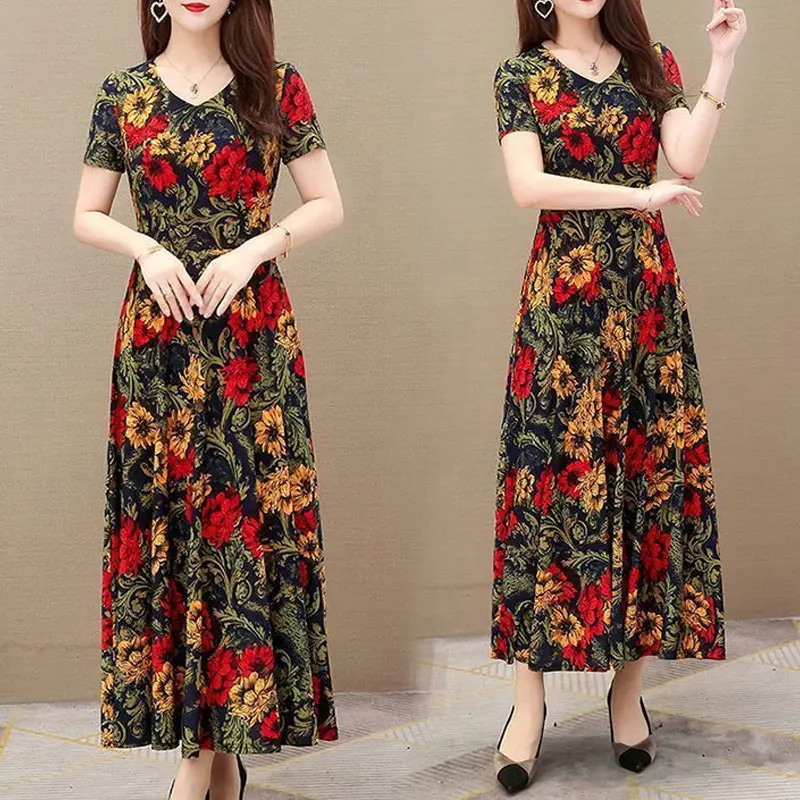 Office Lady Geometric Vintage Floral Printed Midi Dress 2023 Summer A-Line Stylish Spliced Women\'s Clothing Casual Loose Dresses