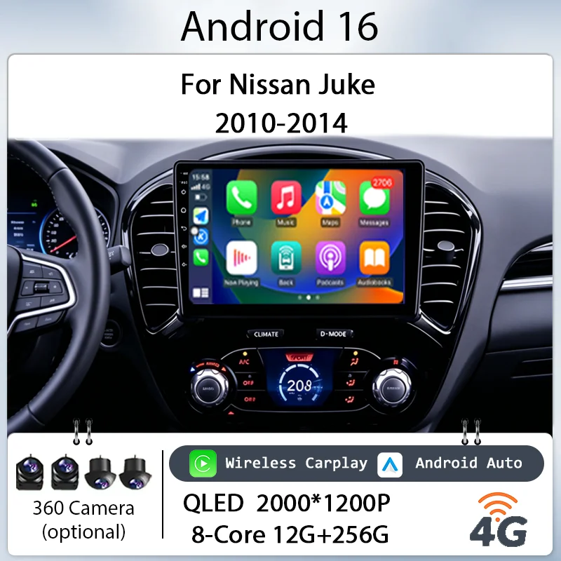 

for Nissan Juke 2010-2014 9" Android 16 Car Multimedia Player Wireless CarPlay GPS BT WiFi DSP IPS HD Touch Screen Radio Stereo