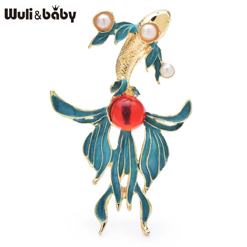 Wuli&baby Vintage Style Goldfish Brooches For Women Men Enamel Swimming Fish Animal Party Casual Brooch Pins Gifts