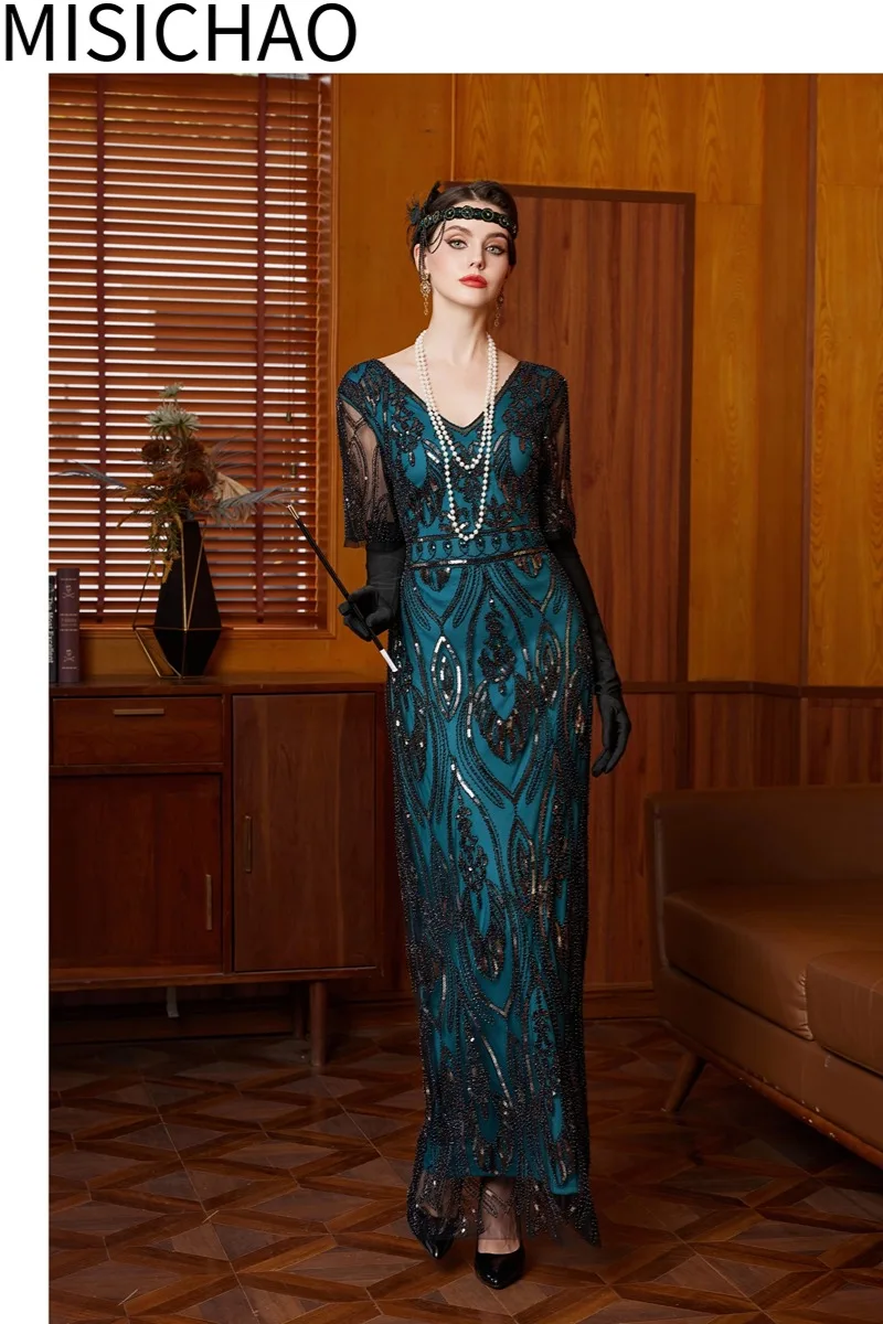 

MISICHAO 1920-е годы, вышитые блестками и V-образным вырезом, прозрачные рукава, изысканные детали, вдохновленные Гэтсби