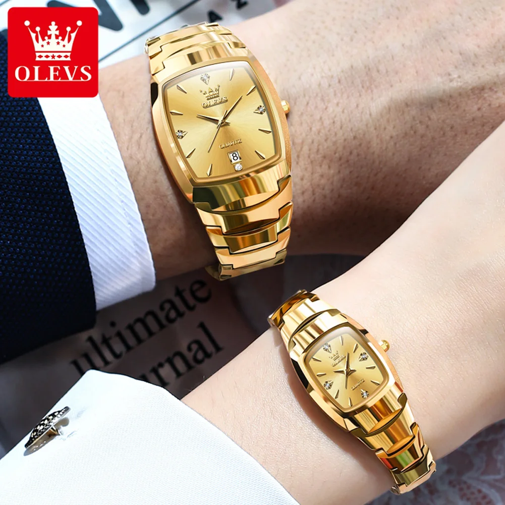 OLEVS Gold Tungsten steel Watch for Men Women Luxury He and Her Watch Set Square Dial Couple Watch TOP Brand Wristwatch Man