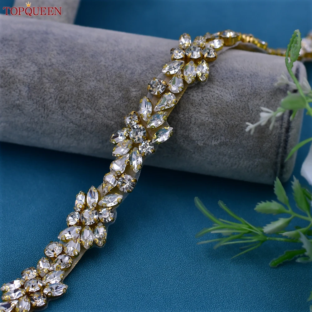 TOPQUEEN S437-G Gold Rhinestone Trim Applique Bridal Belt Jewelry Navy Blue Bridal Belts Bride Accessories Women Rhinestone Belt