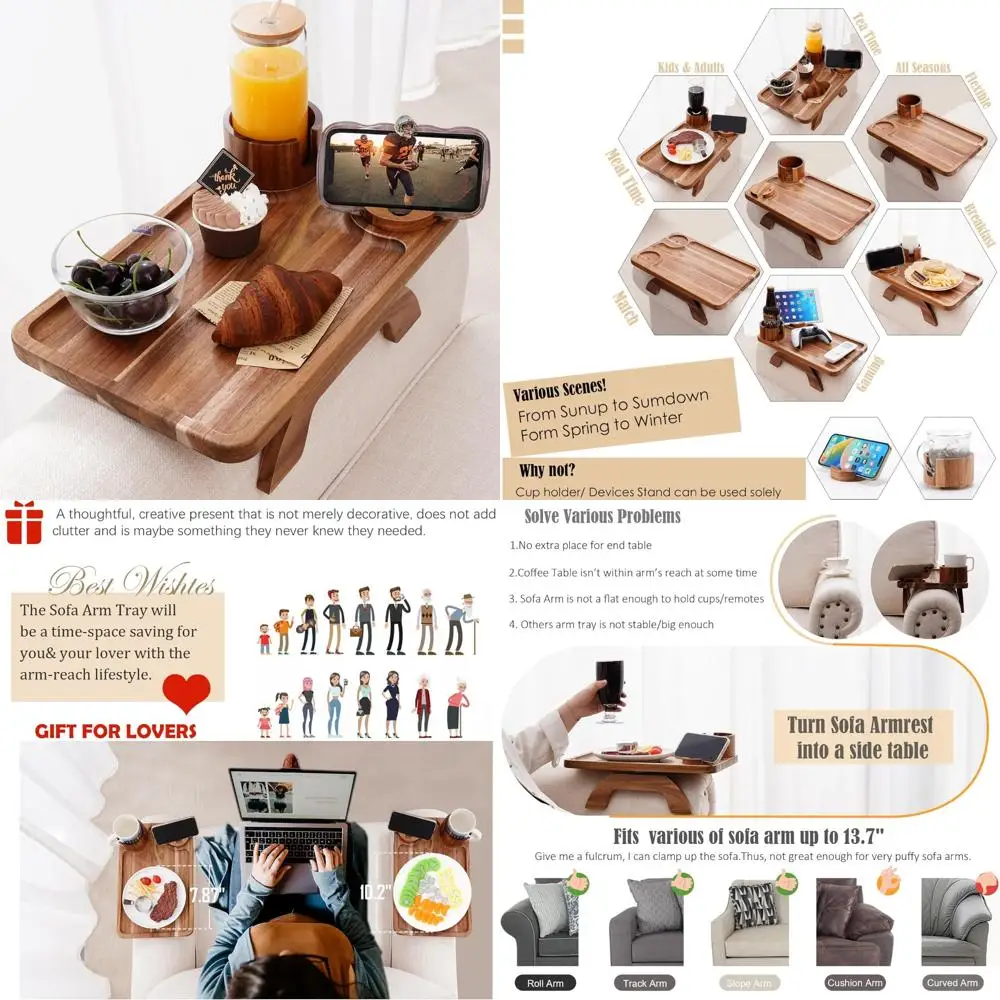 

3-in-1 Large Acacia Wood Sofa Arm Tray Table with 360° Rotating Phone Holder