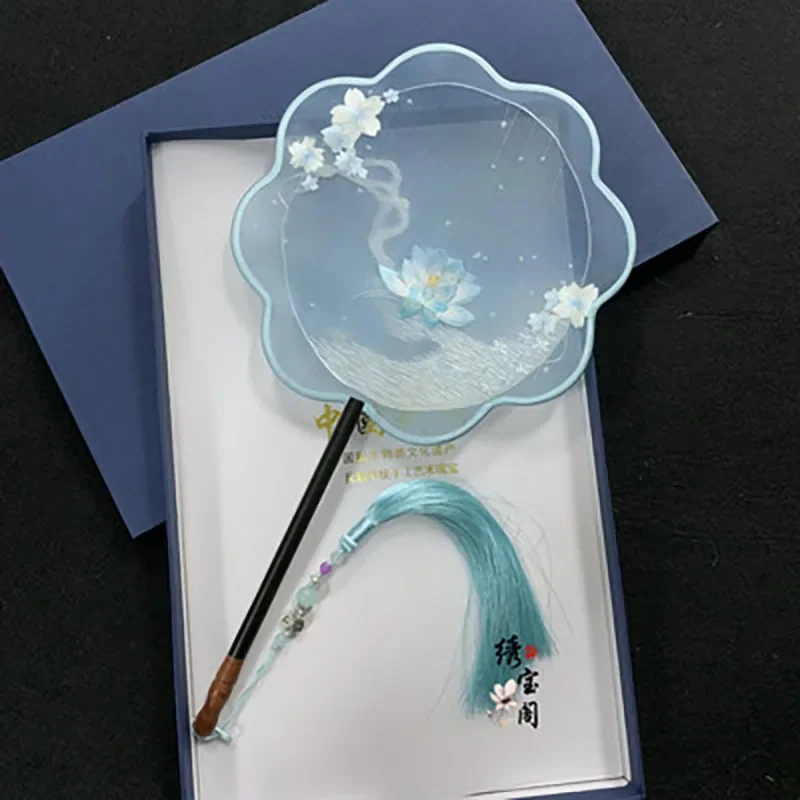 Chinese Suzhou Double-Sided Embroidery Hand Held Fan Ancient Dance Translucent Silk Round Circular Fan With Tassel Chinese
