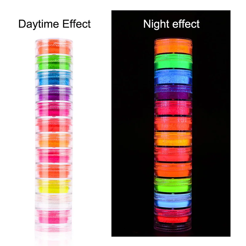 12 colori neon fosforo pigmento polvere fluorescente smalto pigmento polvere set decorazioni per unghie nail art viso fluorescente