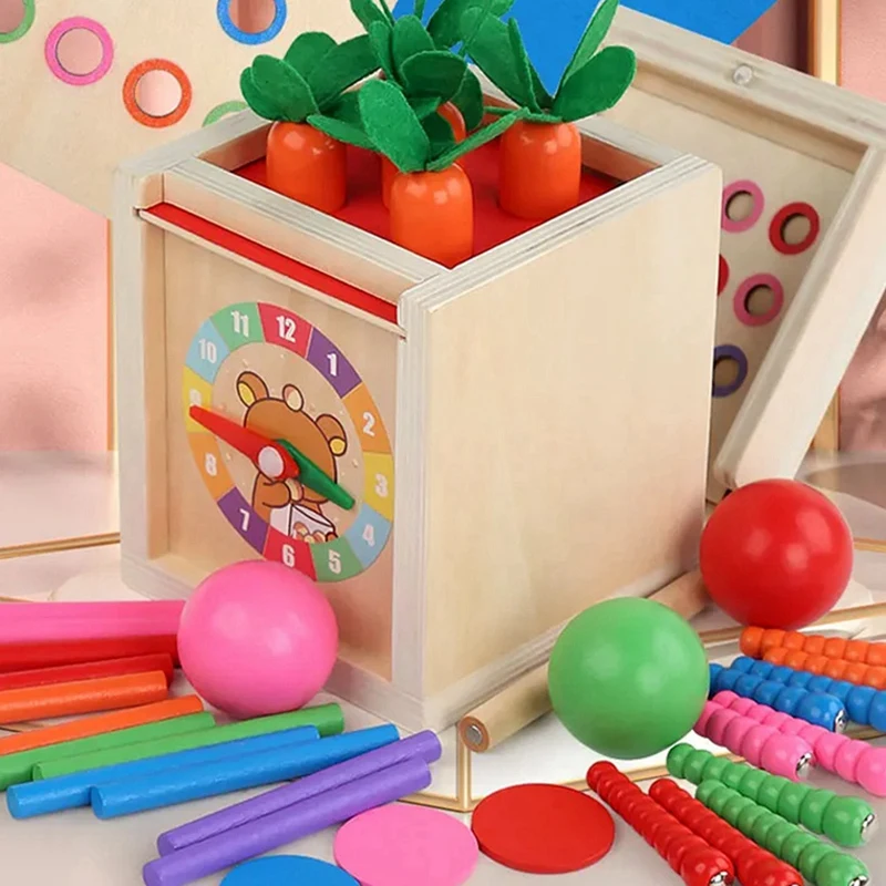 6-In-1 Kit giocattolo Montessori In legno oggetto Permanence Box Play Set con portamonete carota Harvest Shape Sorter Ball Drop Toy durevole