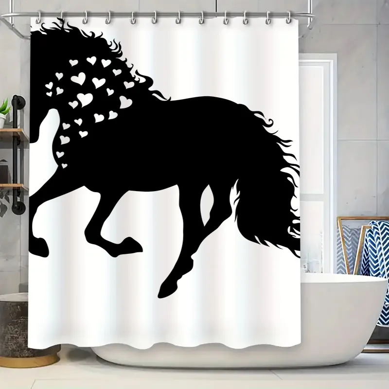 

Horse Silhouette Shower Curtain: Romantic Love Hearts Print for Bathroom Decor White Black Waterproof Fabric Perfect Gift for He