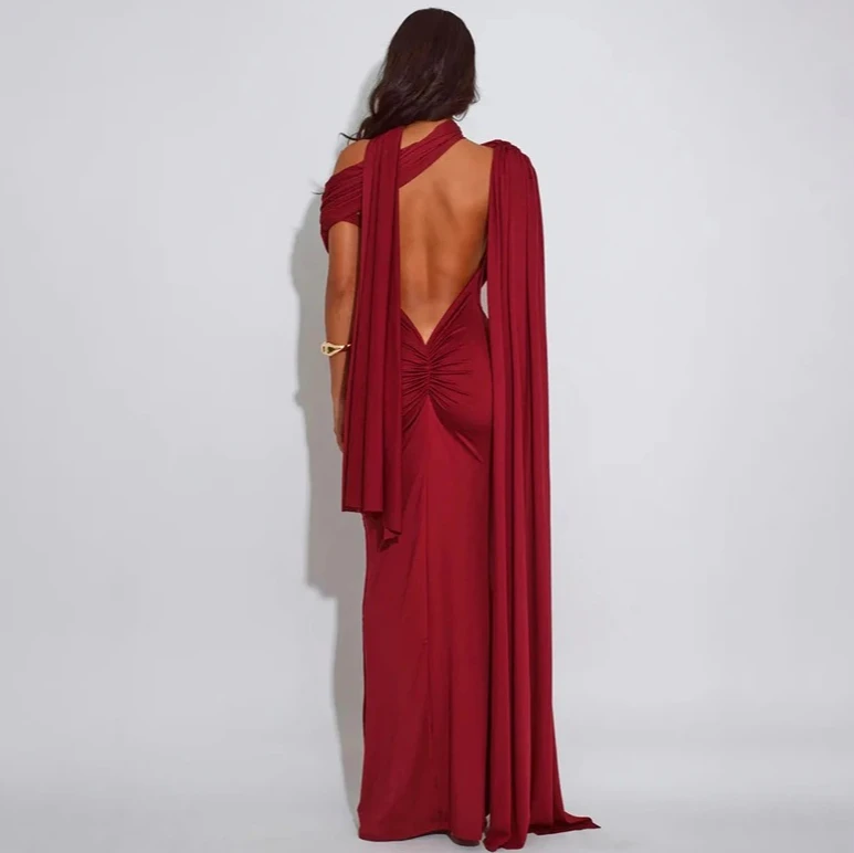 Dames nieuwe luxe prom gelegenheid avondjurk aankomst effen kleur elegant ingerichte mouwloze geplooide rugloze lange jurk