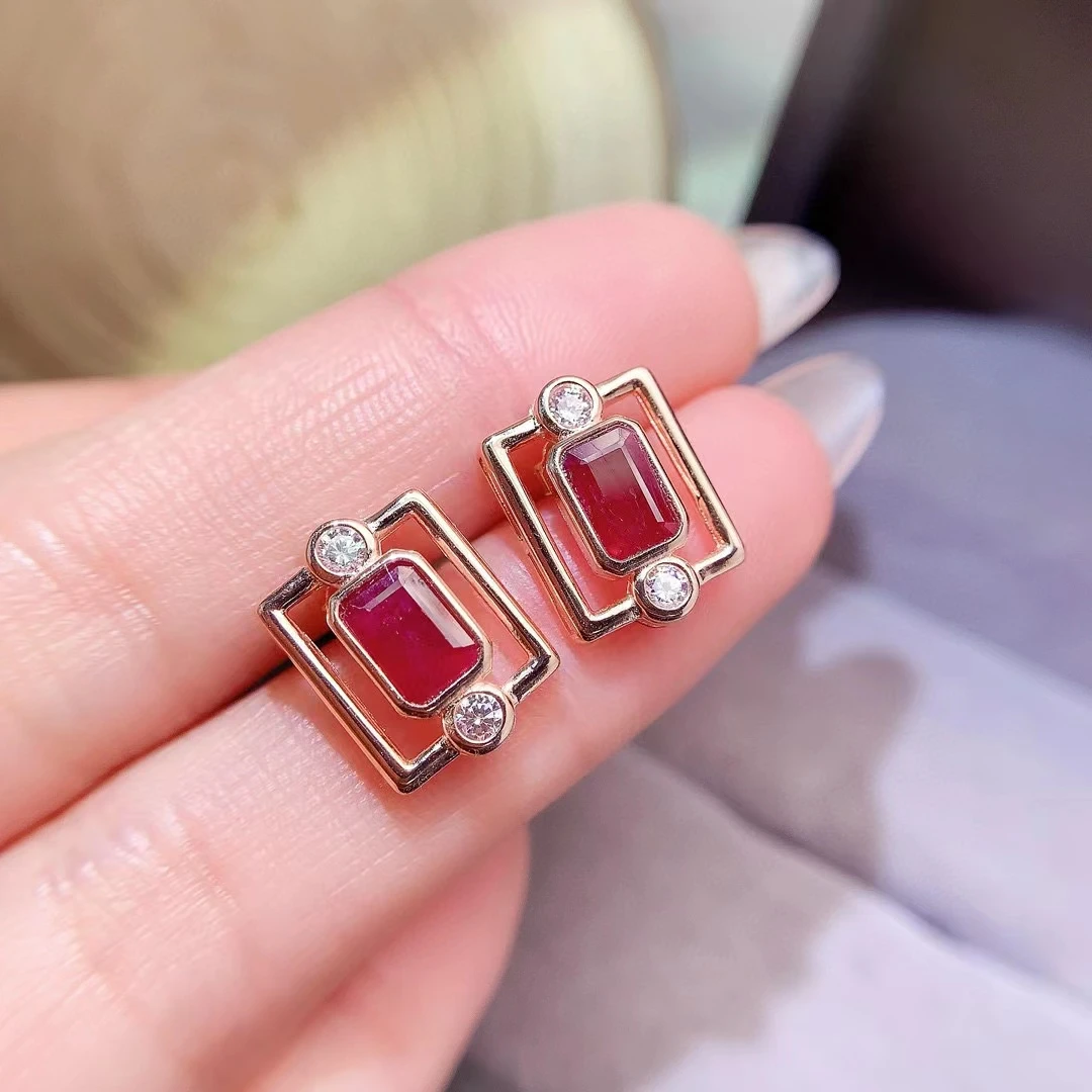 Rectangle Shape 925 Silver Ruby Stud Earrings 4mm*6mm Total 1.1ct Natural Ruby Earrings Allergy Free Gold Plated Jewelry