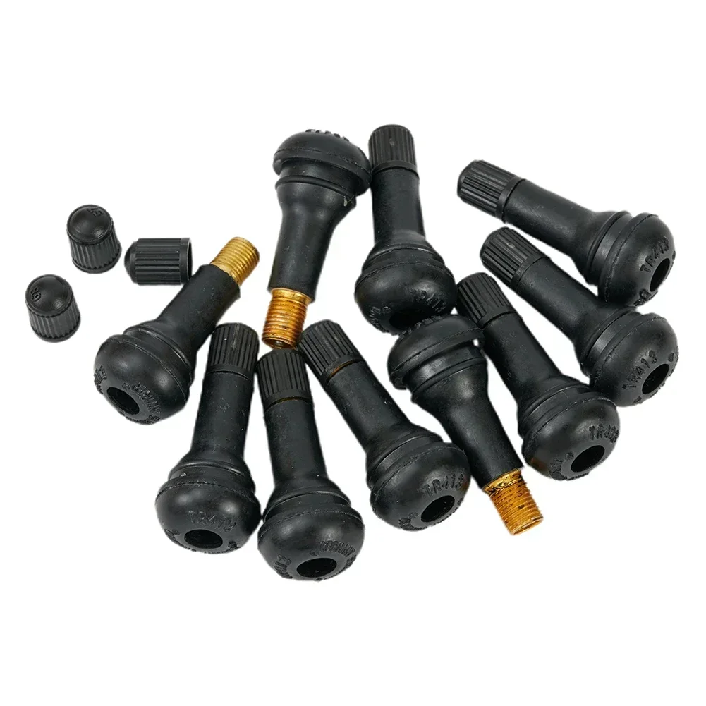 10pcs Universal TR-413 Car Snap-In Black Rubber Tire Valve Stems Short Rod Tubeless Wheel Tire Valve Stems With Dust Caps