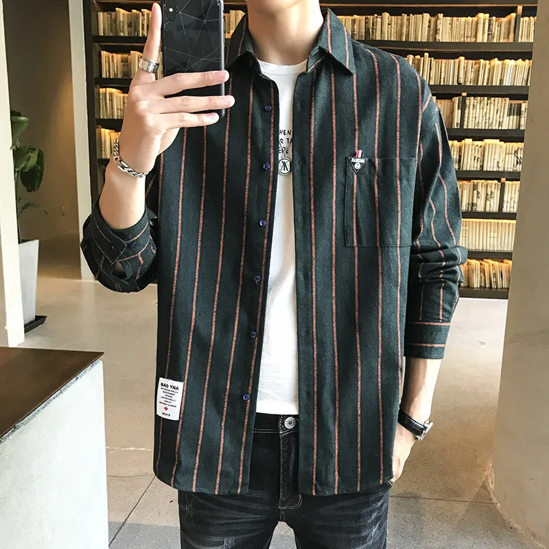 Men's Spring Autumn Turn-down Collar Button Pocket Letter Striped Blocked Long Sleeve Cardigan Shirt Coats Fashion Casual Tops