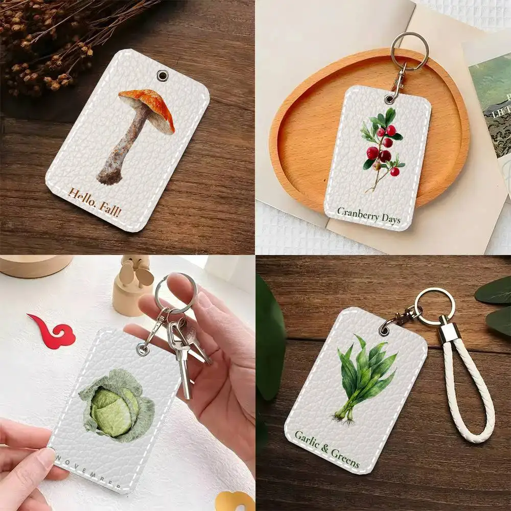 

Vintage Vegetable Fruits Card Case Keychain Access Card Bag Key Tag Ring Leather Card Holder Key Ring Access