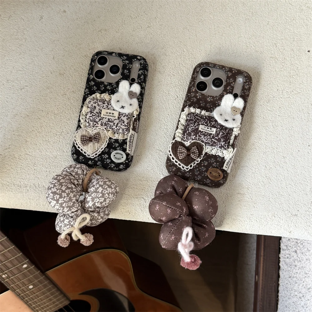 

Warm Velvet Small Flower Cute Rabbit Phone case for iPhone 17 Pro 15 14 13 16 Pro Max Cover With Charm Cartoon Protection Cases