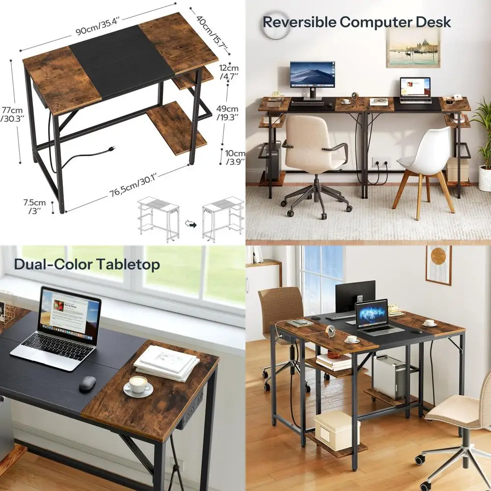 

Компактный домашний офисный стол в деревенском стиле, коричнево-черный, с 2 полками, розеткой, простой в сборке - BF43UDN01