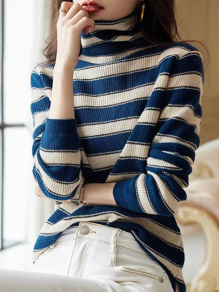 Sweater Women Pullover Striped Turtleneck Knitwears Long Sleeve Knitted Top Knit Pull Femme Autumn Winter Casual Ladies Clothing