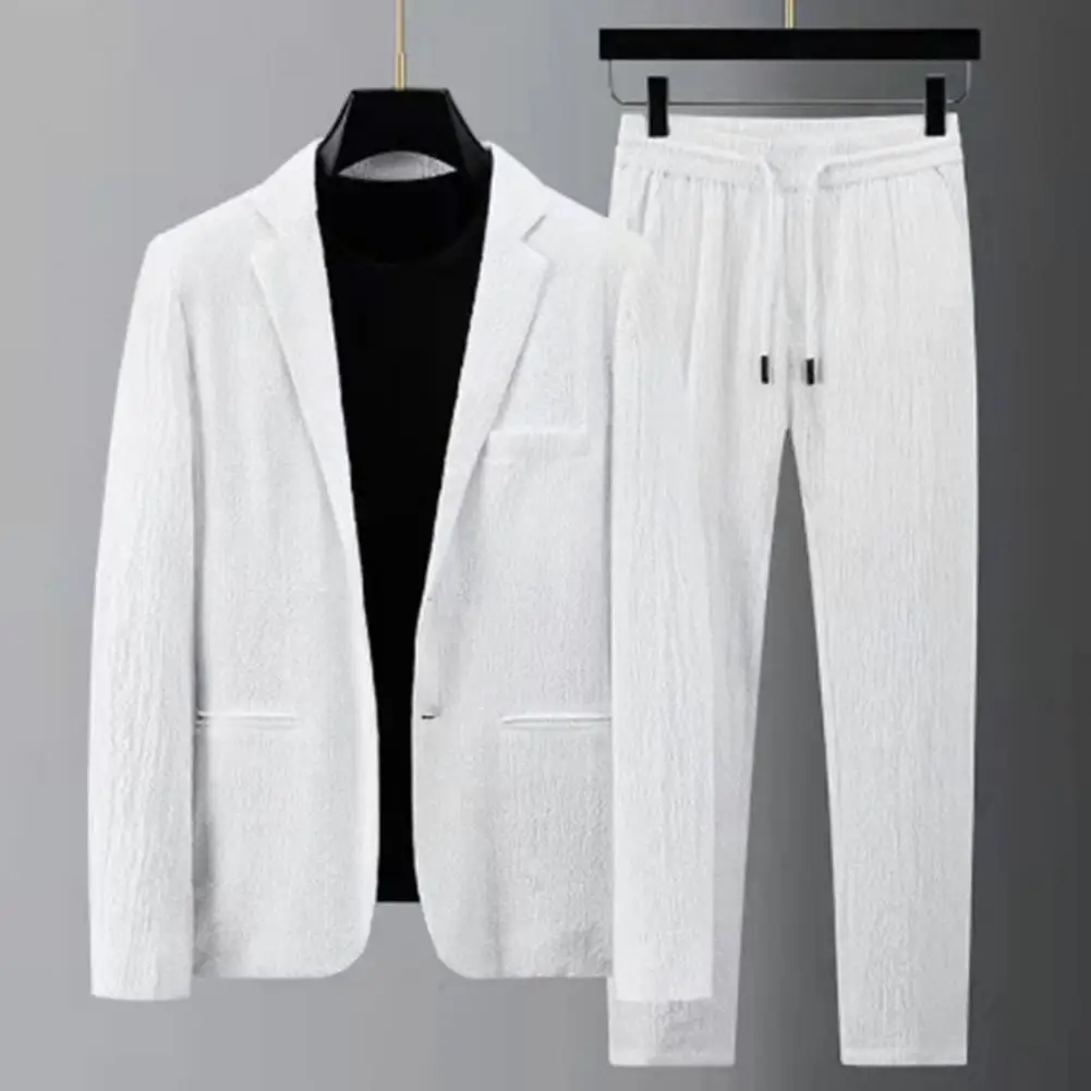 Pleated Men Blazer Pants Set Business Suit Elegant Striped Men's Suit Drawstring Lapel Pockets Formal Suit Coat Trousers Set