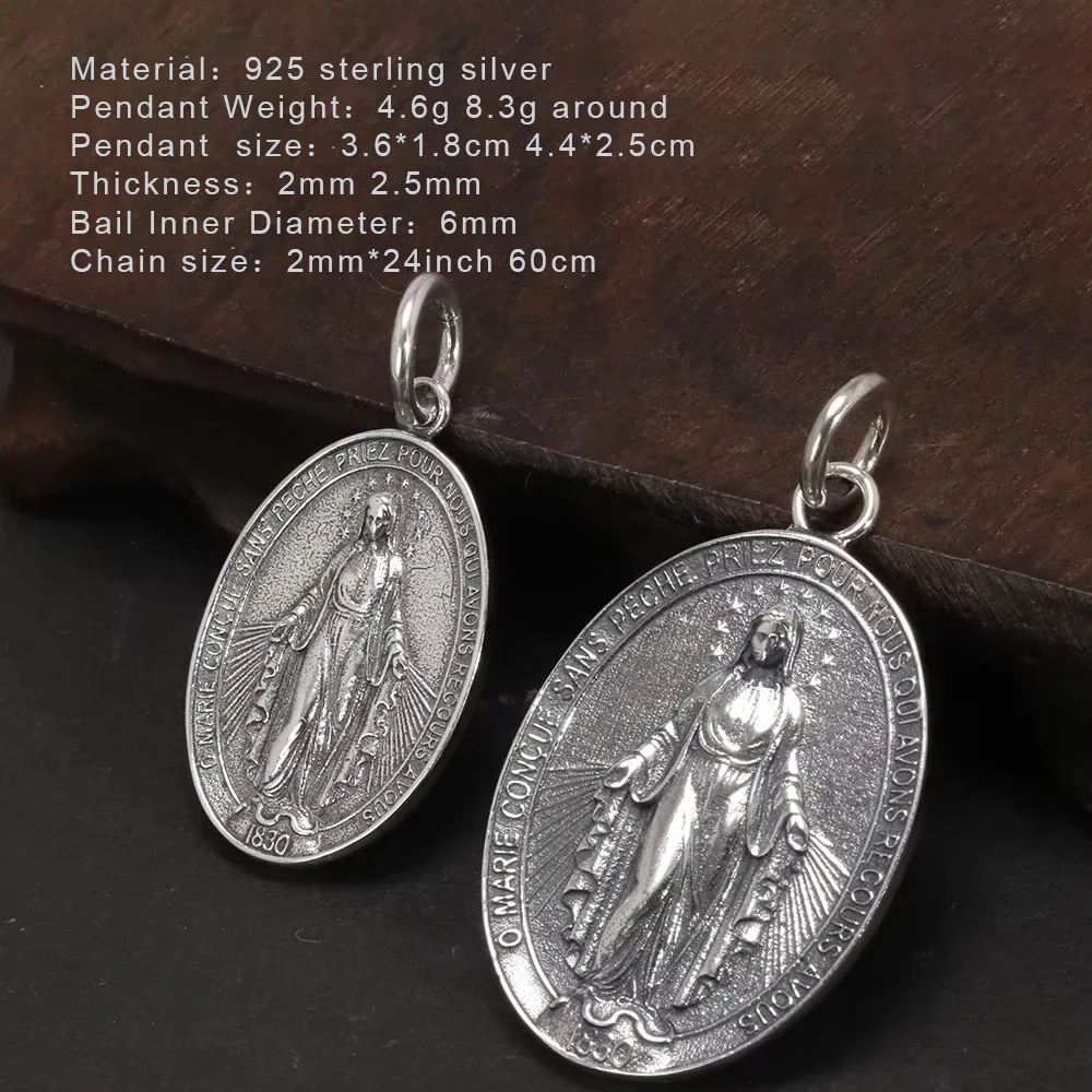 S925 Sterling Silver Virgin Mary Pendant for Men and Women Vintage Cross Oval Design Necklace Pendant Christian Jewelry
