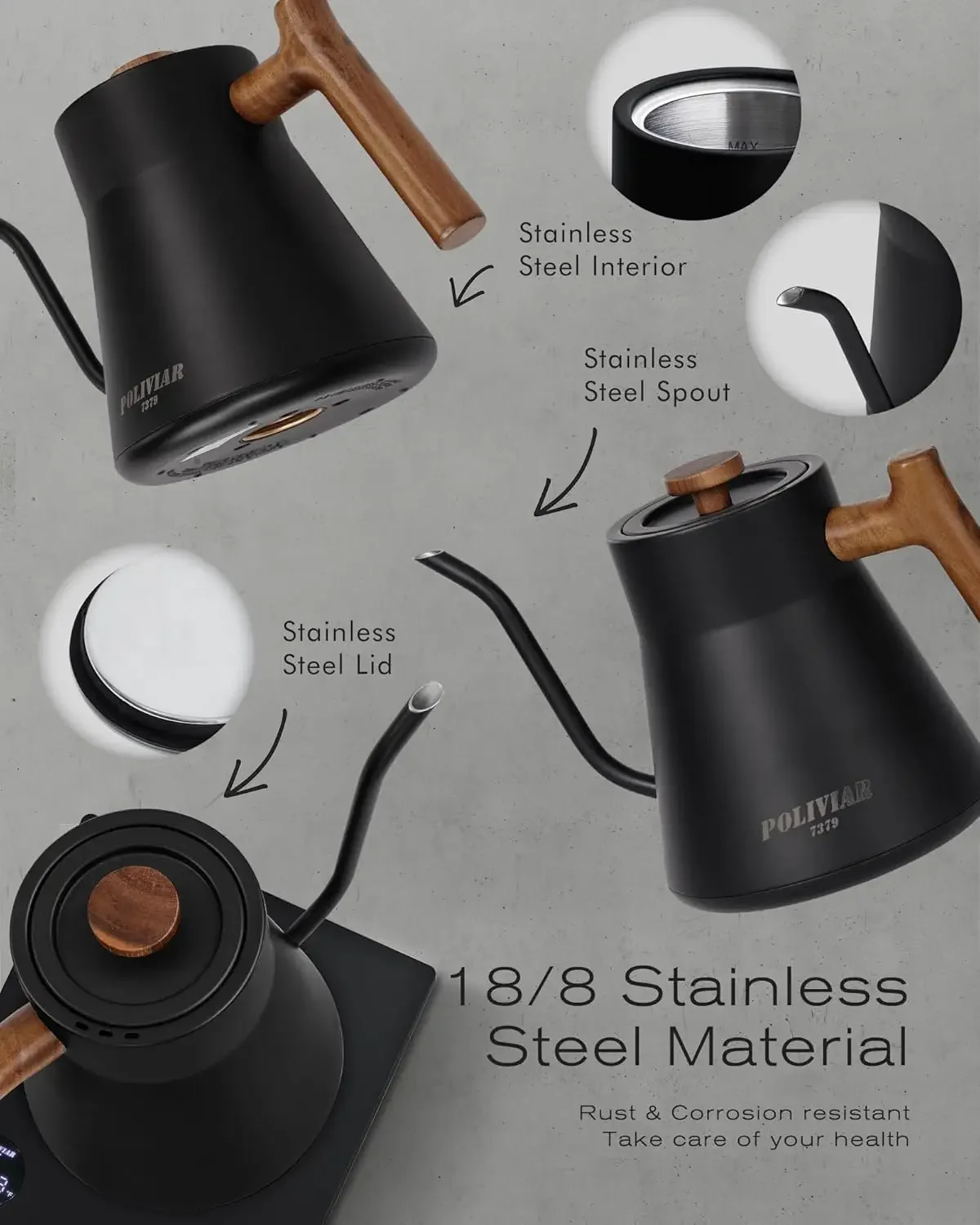 Electric Kettle, 1200W Electric Tea Kettle Real Wood Handle, 34oz Pour Over Electric Kettle for Coffee & Tea,