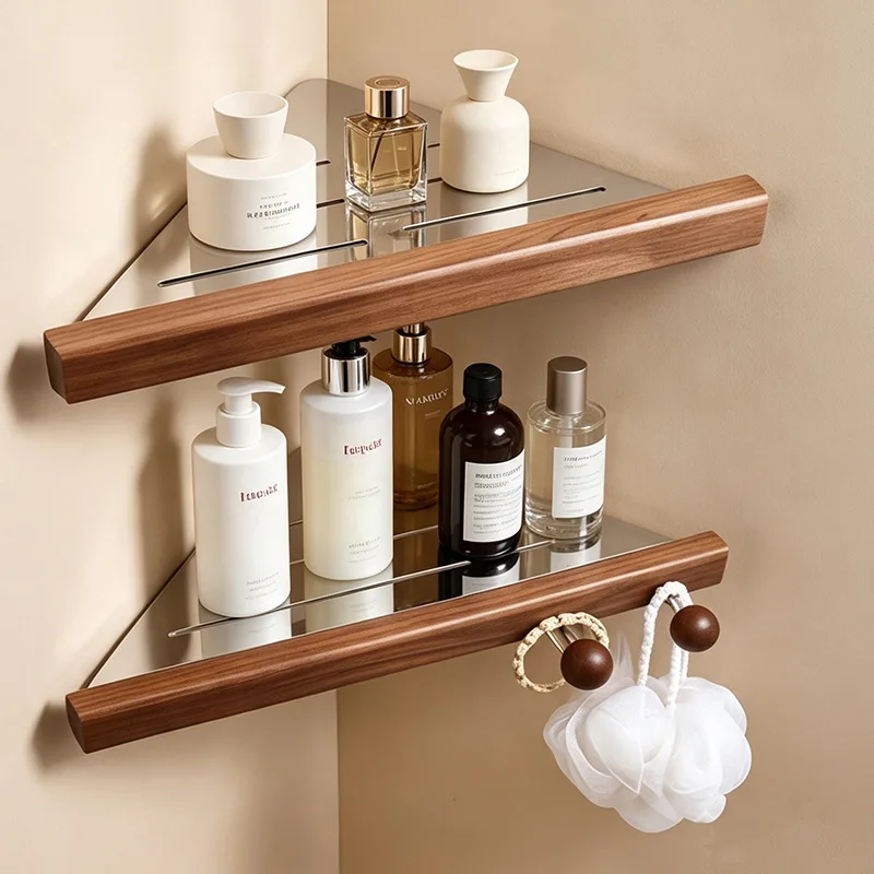 wall shelf   Walnut bathroom triangle shelf 304 stainless steel bathroom corner toilet bathroom accessories shower accessories