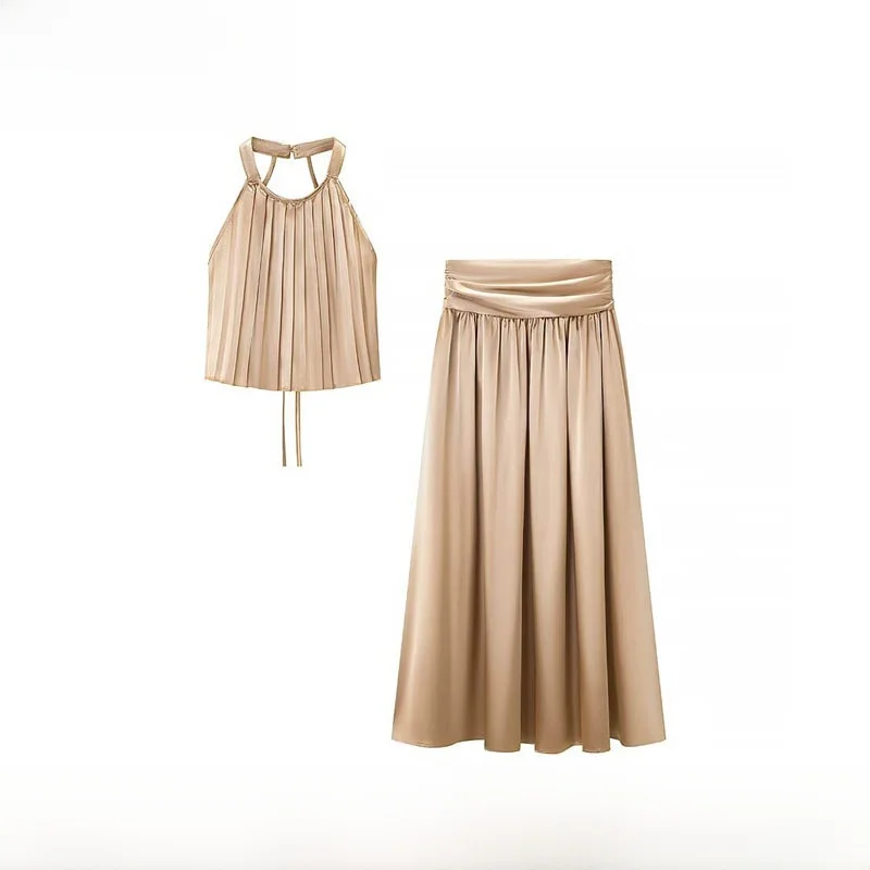 

Fashionable High Waist A-Line Long Skirt Set Women's Spring Summer New Arrival Belted Backless Top And Skirt Ensemble