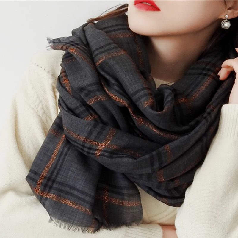 Luxury Golden Silk Plaid Wool Scarf Women Large Size Thin Warm All-Match Shawl Elegant Long Wraps Scarf for Fall Winter Outfits