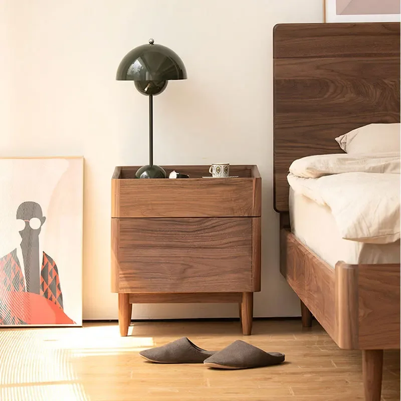 Shell bedside table Solid wood Simple modern Nordic small apartment Bedroom Double pump locker Side cabinet Black walnut