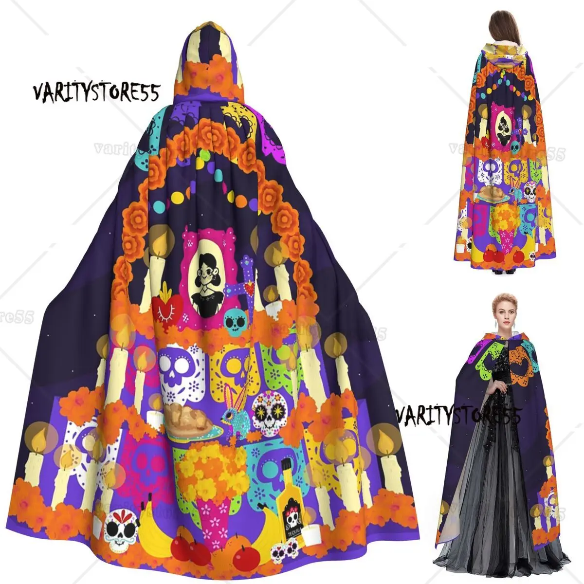 

День мертвых череп алтарь длинный плащ с капюшоном ведьма средневековый костюм косплей накидка Хэллоуин вампир для взрослых унисекс