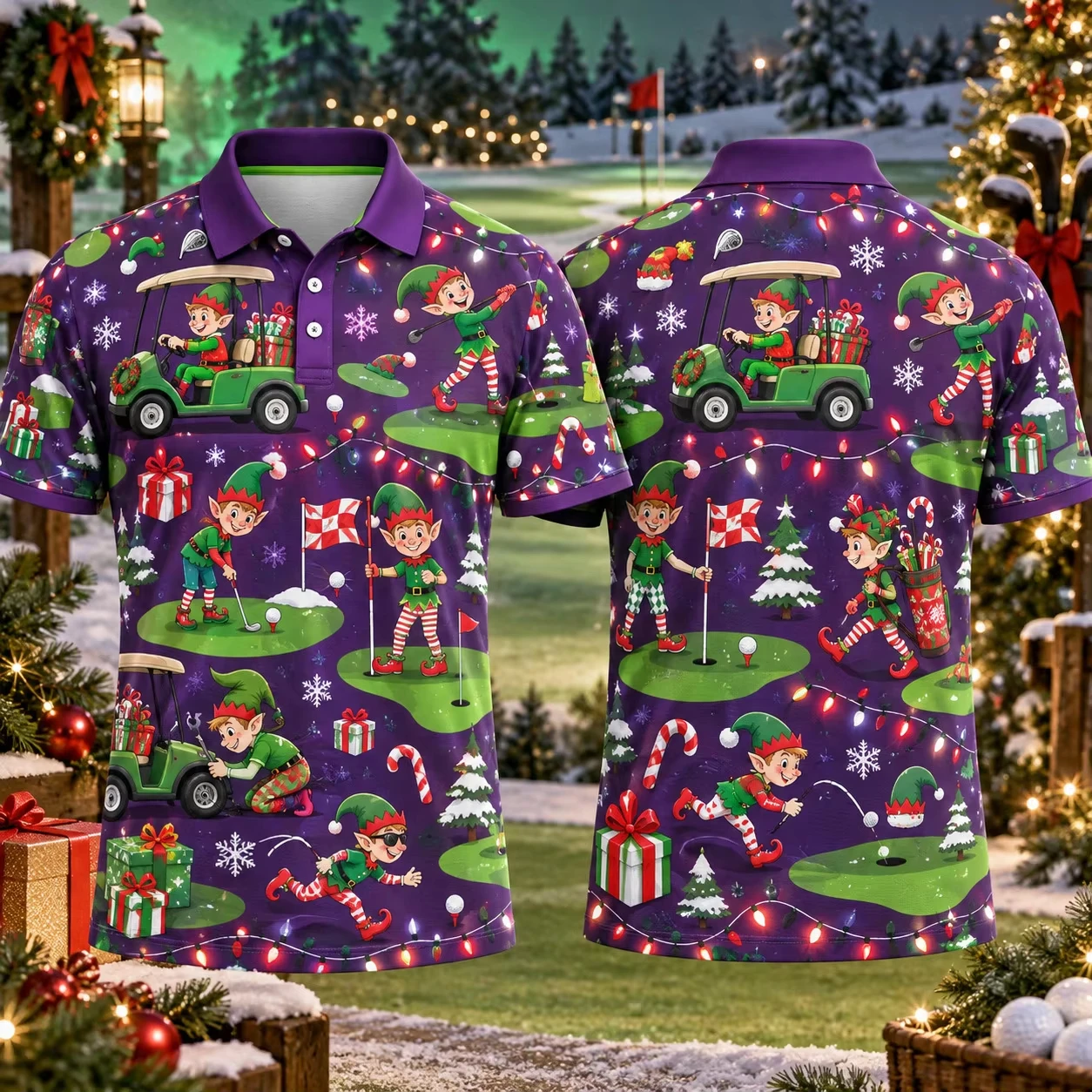 2026 New Men's Christmas Golf Polo Shirt Elf Golf Cart 3D All-Over Print Button-Down Collar Short-Sleeve Holiday Party Top