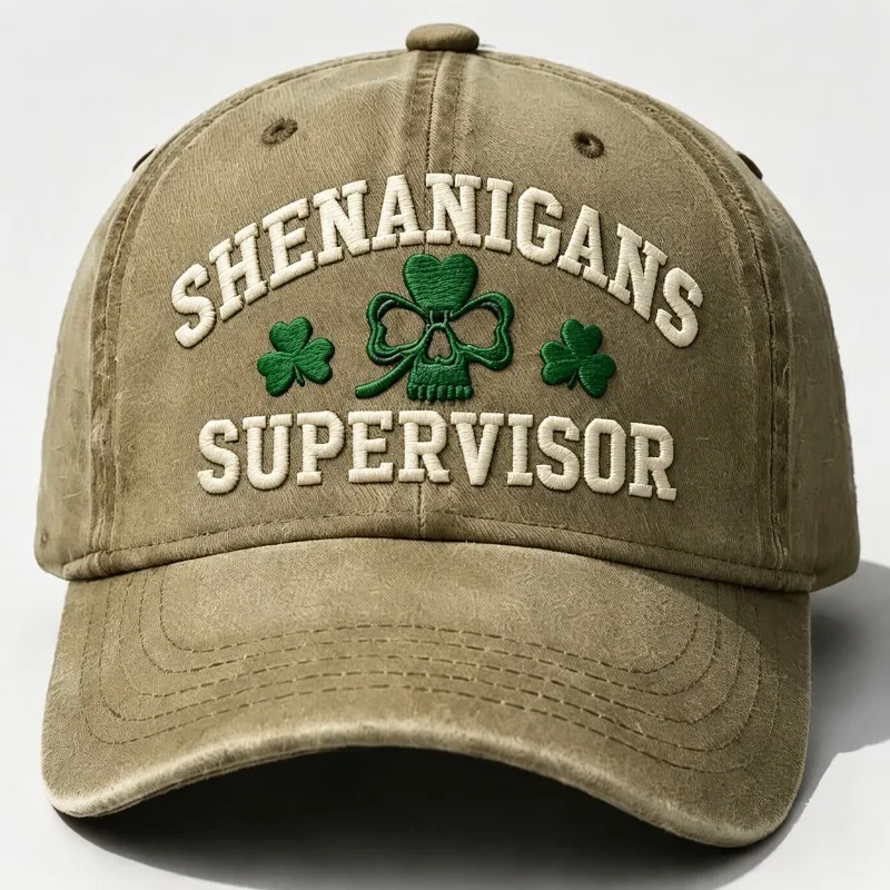 Pre-Worn Distressed Cotton Baseball Cap Playful Triple Leaf Cranium Letter Stitch Embroidery Open-Air UV Shield Peaked Headwear