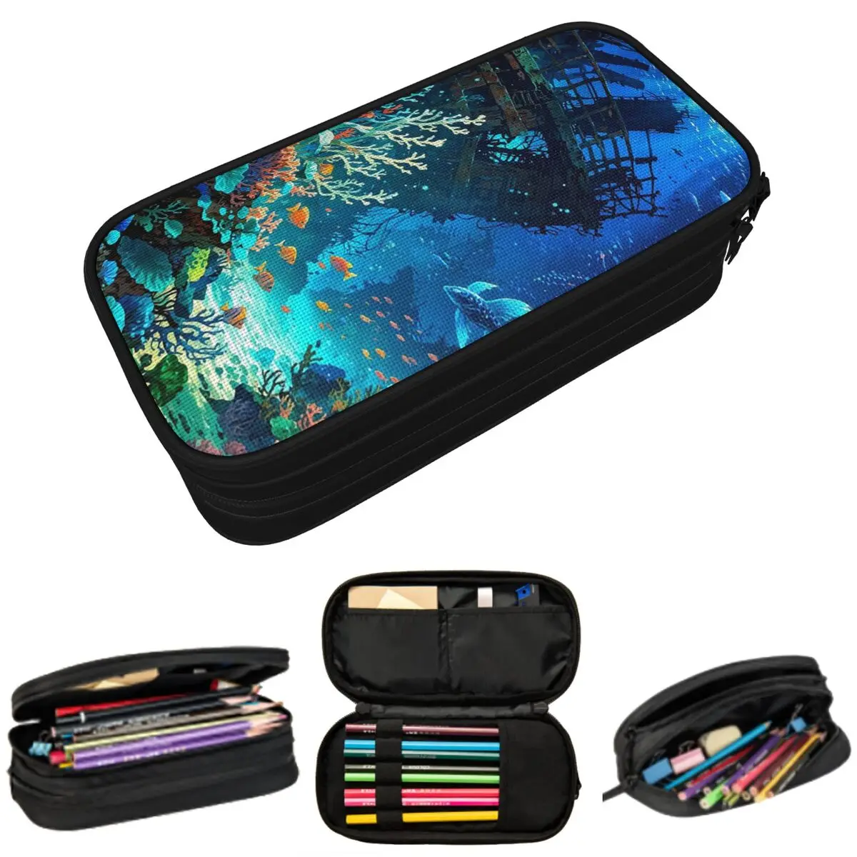 Estuche para lápices con diseño de mundo submarino, peces marinos y arrecifes de coral, para estudiantes, caja para bolígrafos, bolsa para lápices, suministros de papelería, bolsa para guardar bolígrafos