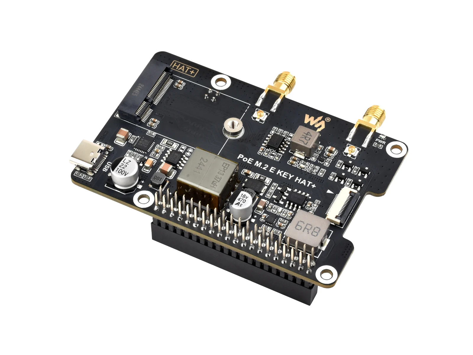 PoE M.2 E KEY HAT+ Waveshare Adapter With PoE Function for Raspberry Pi 5 Compatible With NGFF (M.2 E Key) Wireless NIC