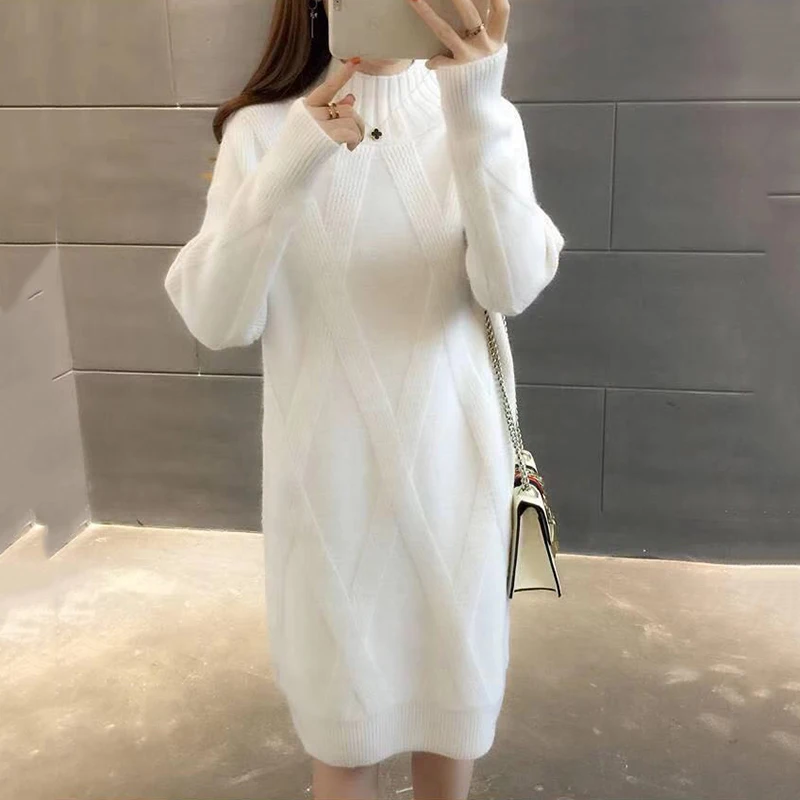 

2022 New Winter Half Turtleneck Sweater Dress Female Outer Wear Fashion Loose Mid-Length Bottoming Knitted Sweater Dress Women