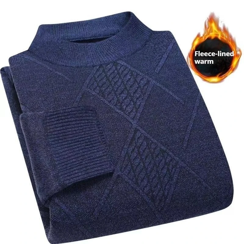 겨울 남성 캐주얼 플리스 안감 스웨터 일체형 다이아몬드 패턴 따뜻한 베이스 레이어 탑 O넥 프린트 니트 스웨트셔츠