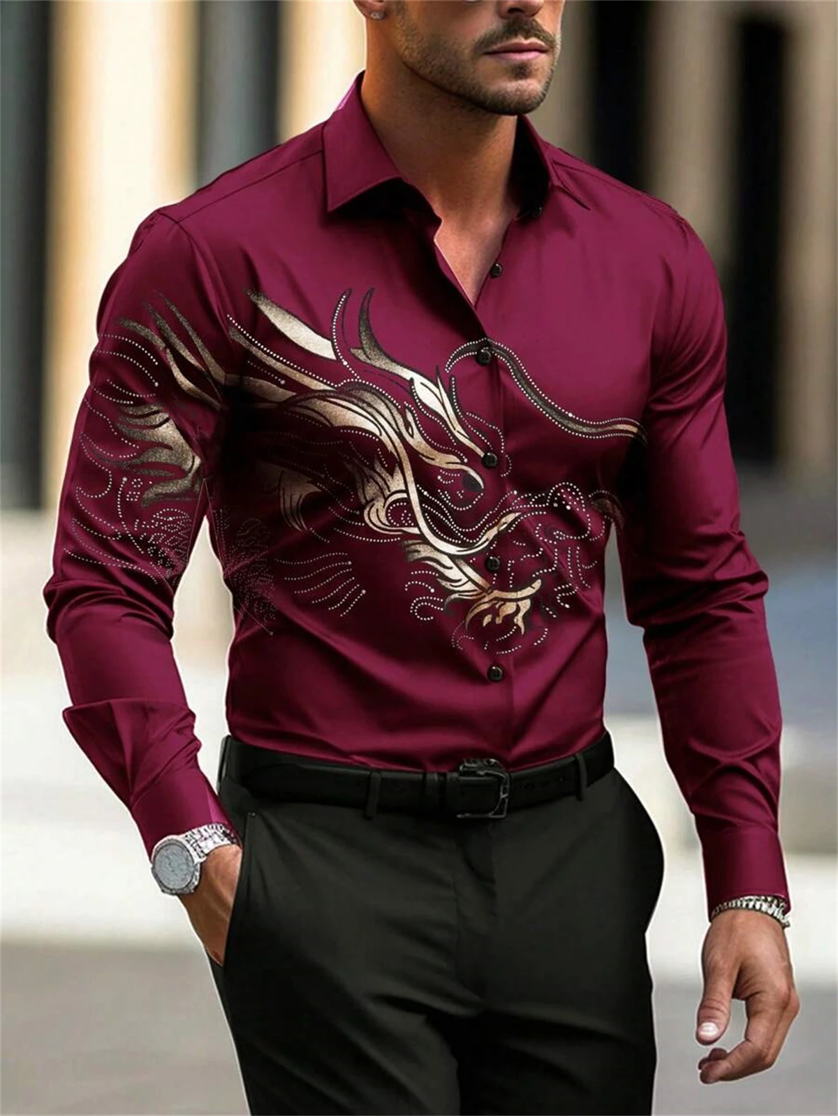 

2024 Fashion New Men's Long Sleeve Shirts Handsome Dragon Pattern Print Daily Comfortable Men's Tops Large Size