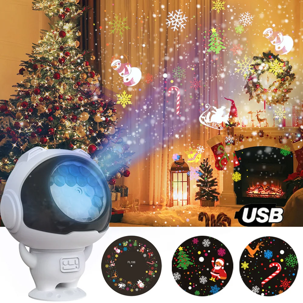 16 Patterns USB Christmas Projection Light Rotatable Dynamic Astronaut Projector Night Light for New Year Wedding Party Decor