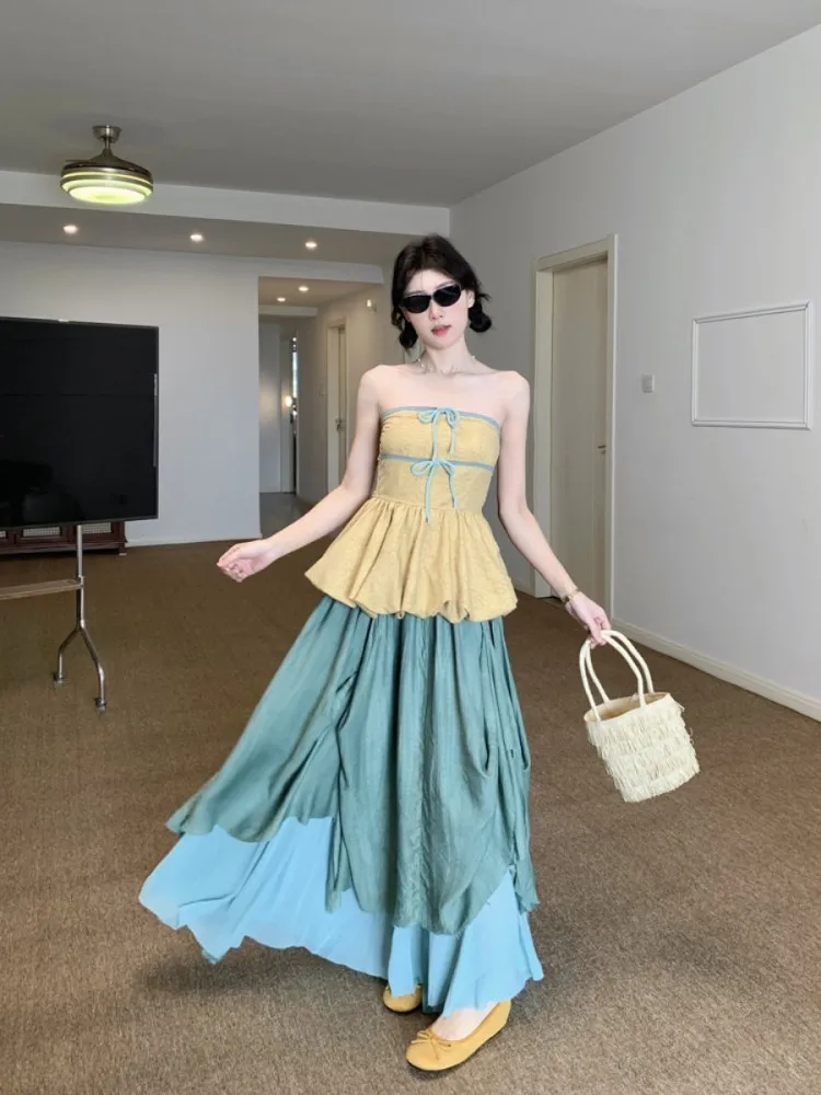 

Fashionable Sweet And Spicy Outfit Set Women's Knot Tube Top Slimming Skirt Two-Piece Set Anti-Aging Long Sleeve ro...