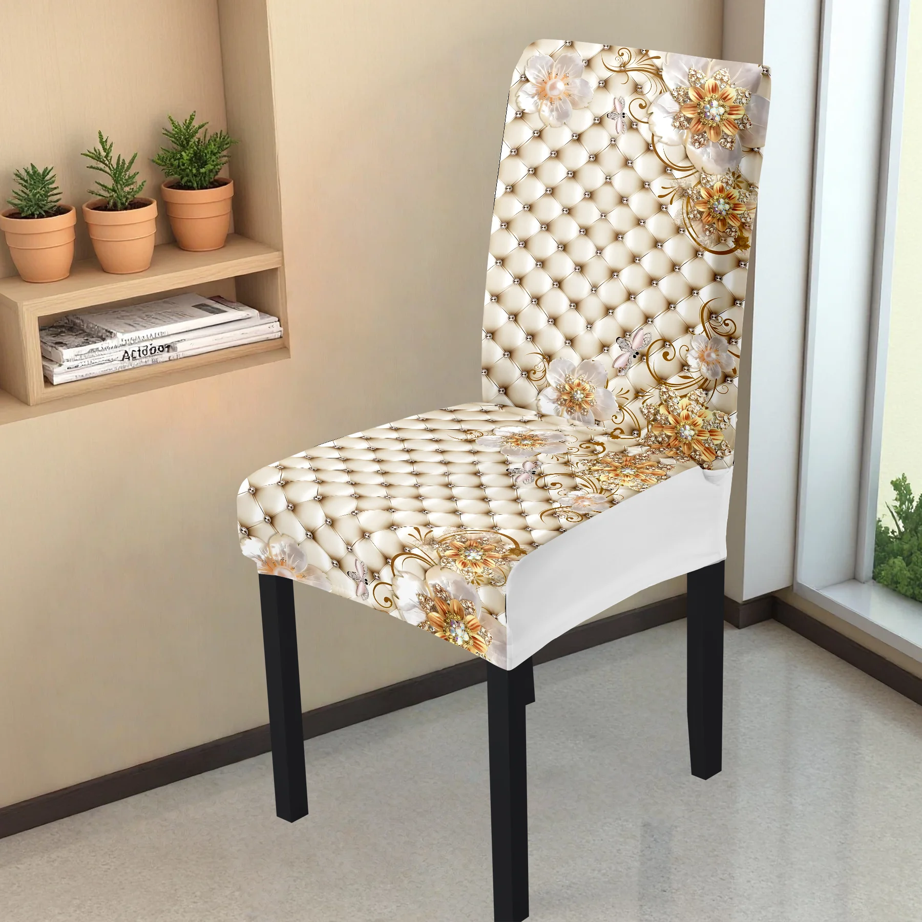 2026 New Elastic Full - Coverage Chair Cover, Luxurious Golden Floral & Diamond Pattern, Washable & Fade