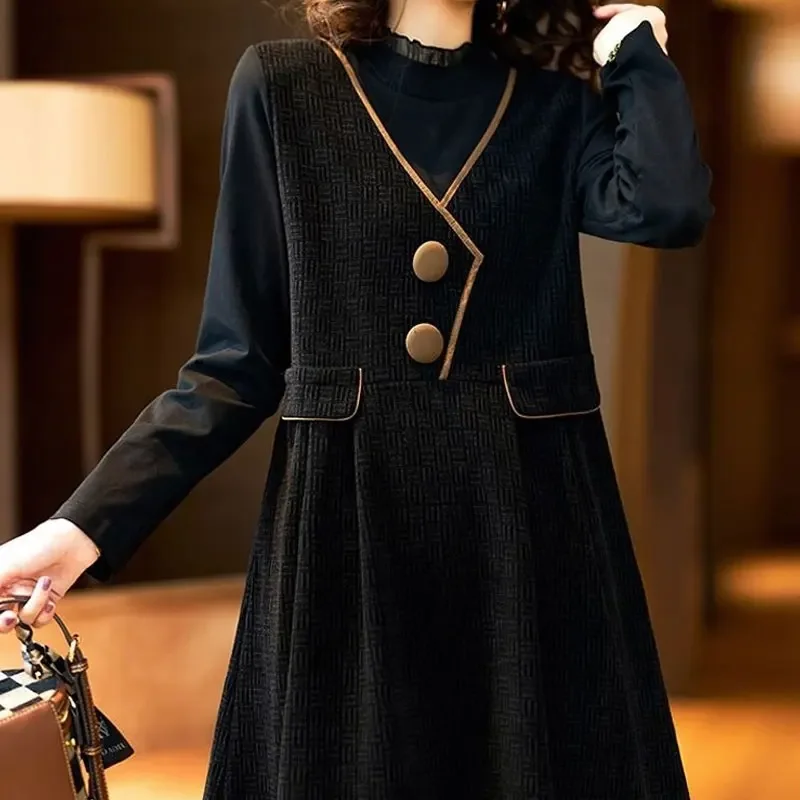 

Fashion Asymmetrical Midi Dress Korean Spring Autumn Long Sleeve Button Women's Clothing Casual O-Neck A-Line Dresses zq65