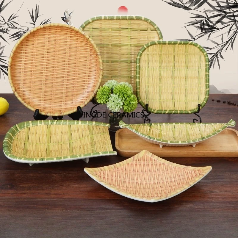 1pc Melamine Imitation Bamboo Woven Tableware, Barbecue Restaurant Dishes Hotel Dim Sum Plate, Melamine Fruit Salad Plate