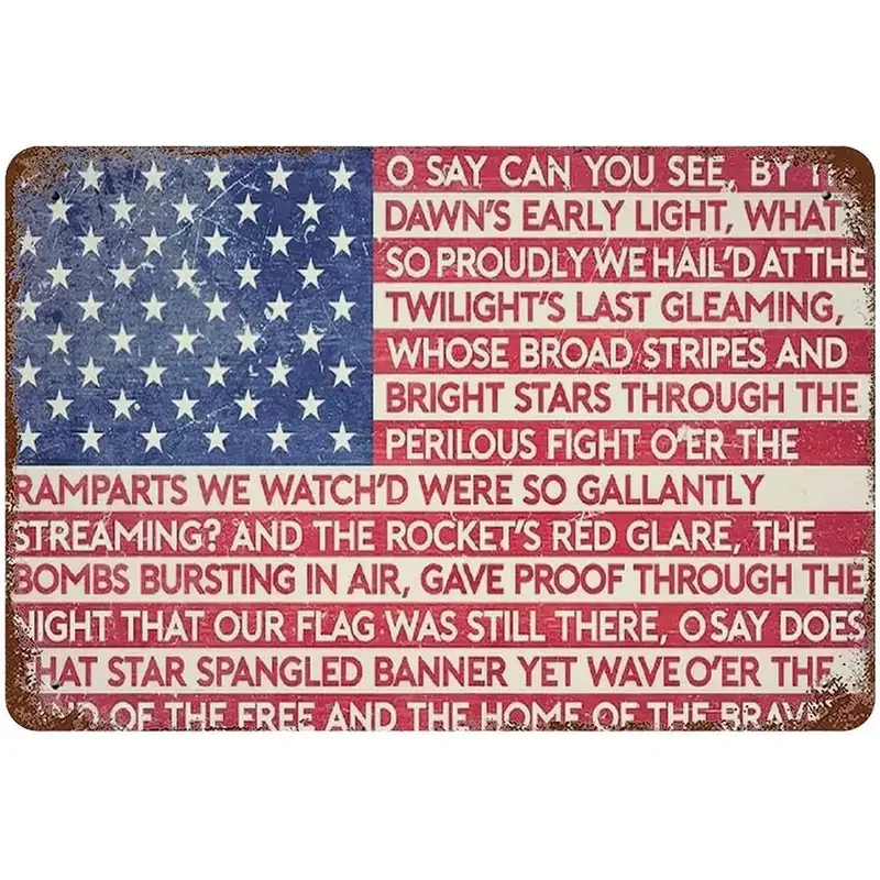 1pc Patriotic USA American Flag With National Anthem Metal Tin Sign Wall Decor For Home Man Cave Office Garage Bar Pro-American