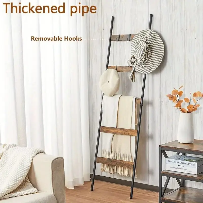 

10-Tier Wooden Blanket Ladder with 5 Removable Hooks Freestanding Towel Storage Rack & Wall-Mounted Quilt Holder for Living Room