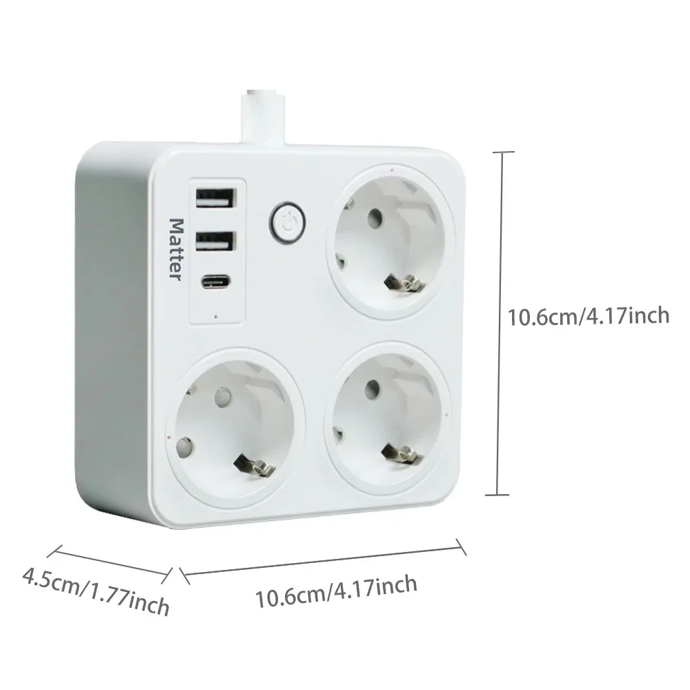 BORUIDAPLS EU Plug Matter Smart Power Strip with Voice Remote Control and USB+ Type-C Socket Compatible SmartThings Siri Google